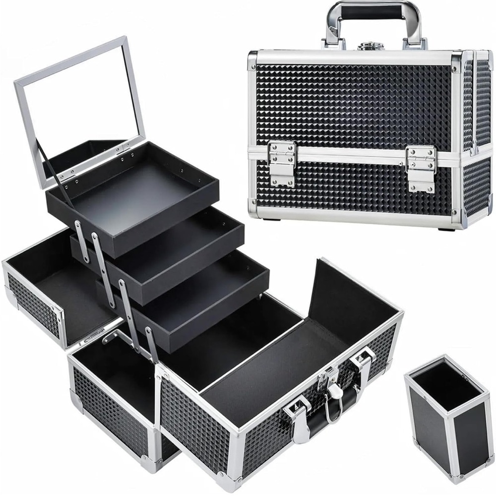 Barely used Joligrace Classy Black Makeup Train Case with mirror.